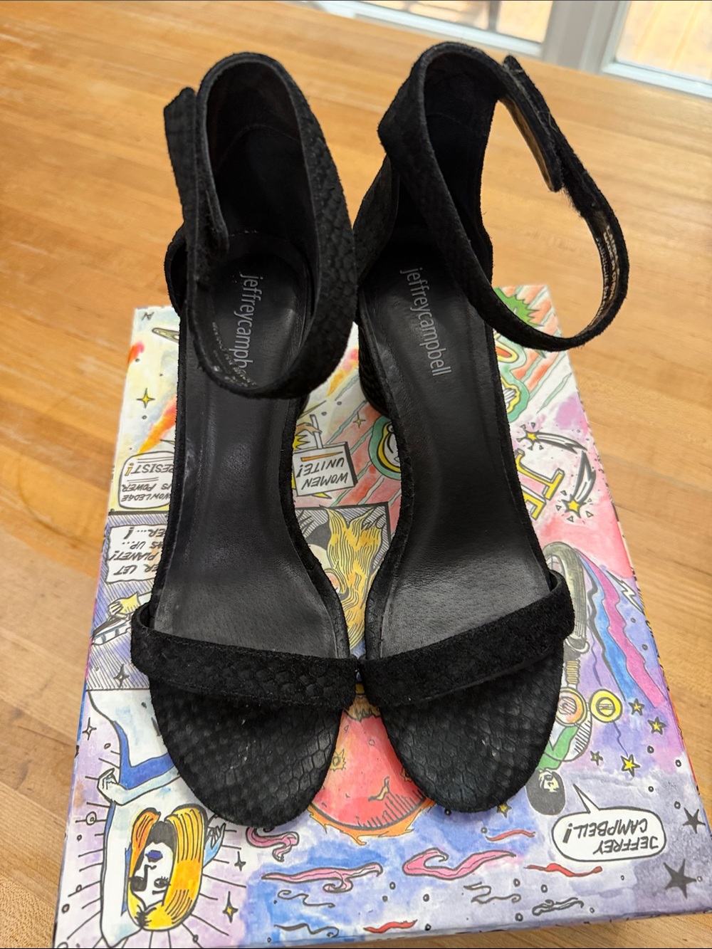 Jeffrey Campbell Laura Black Textured Open-Toe Ankle Strap Heels